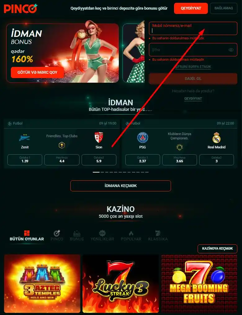 Saytın əsas səhifəsində hesaba giriş üçün login və parol daxil etmək üçün açılan menyu